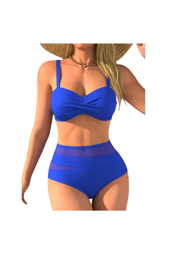 Women's High Waisted Bathing Suit Set Two Piece Mesh Pachwork Tummy Control Swimsuit Ruched Bottom Push Up Twist Front Top Bikini(Blue,S)