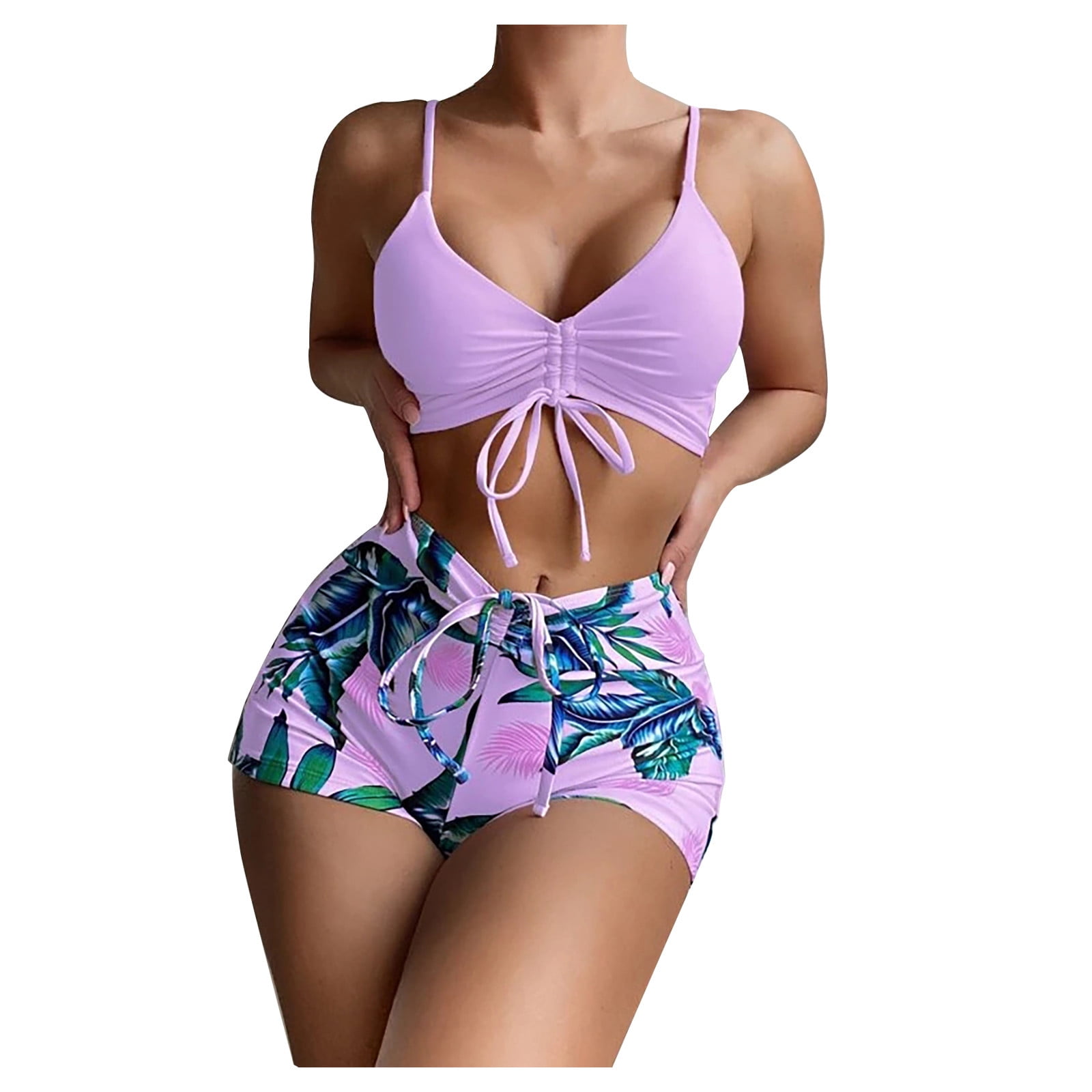 ZQGJB Women's High Waisted Bikini Ruched Front Tie Knot Scoop Neck Swimsuit  with Tummy Control Boyshorts Two Pieces Bathing Suit Purple,M 