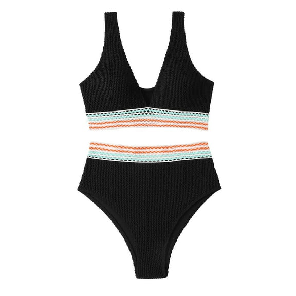 ZQGJB Women's High Waisted Bikini Sets Sporty Two Piece Swimsuits Boho Striped Color Block V Neck Cheeky High Cut Bathing Suits(Black,L)