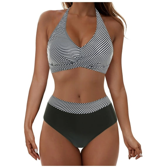 ZQGJB Women's High Waisted Bikini Sets Tummy Control Swimsuits 2025 Two Piece Bathing Suits Color Block Halter V Neck Swim Suits(Black#01,XL)