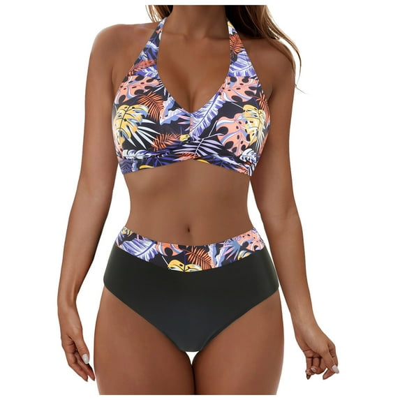 ZQGJB Women's High Waisted Bikini Sets Tummy Control Swimsuits 2025 Two Piece Bathing Suits Color Block Halter V Neck Swim Suits(Black#03,L)