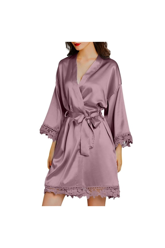 Women's Lace-Trim Silk Robes Bride Bridesmaid Kimono Wedding Party Nightwear Satin Bathrobe Sexy V Neck Sleepwear with 3/4 Sleeves, Sleepwear with Removable Waist Belt Army Green