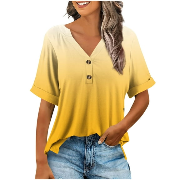 ZQGJB Women's Ombre Tops Summer Trendy 2025 Dressy Casual Tie Dye Gradient Color Print Tunic Bloues Loose Fit Half Sleeve V Neck Henley Tshirts Shirts Yellow M