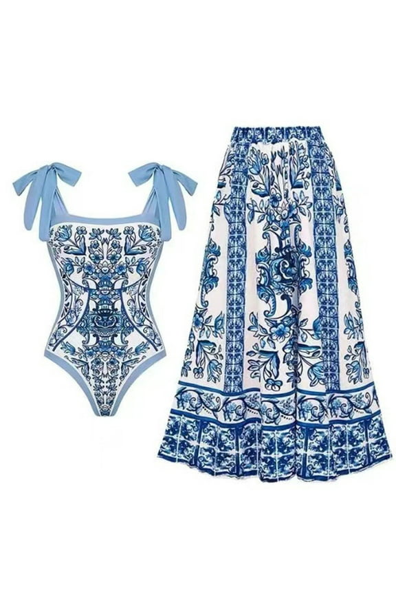 Women's One Piece Swimsuit with Beach Cover up Wrap Skirt Sarong Retro Floral Print Bikini Set Two Piece Bathing Suit(Blue,M)
