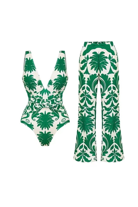 Women's One Piece Swimsuit with Beach Cover up Wrap Skirt Sarong Retro Floral Print Bikini Set Two Piece Bathing Suit(Green,XL)