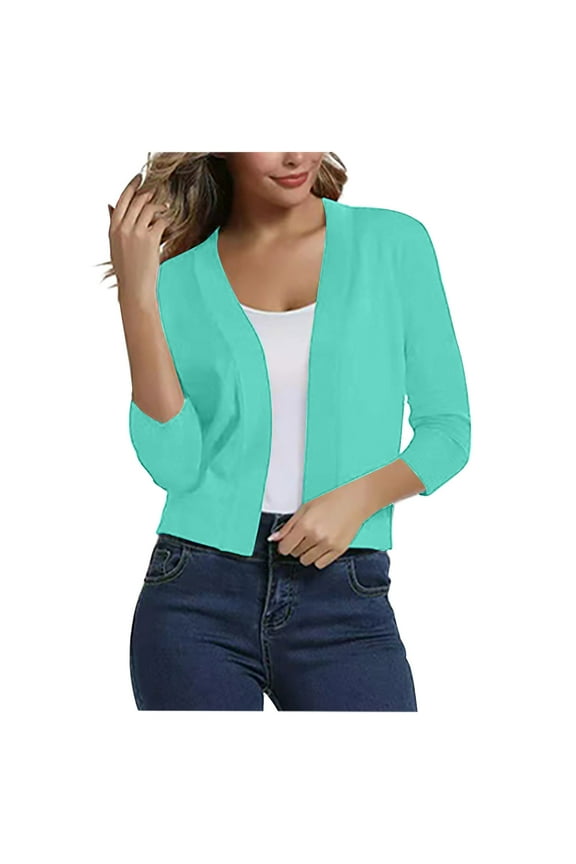 Women's Open Front Knit Cropped Bolero Shrug Cardigan Sweater Trendy 3/4 Length Sleeve Pullover Blouse Lightweight Crop Thin Jacket Tops Mint Green S