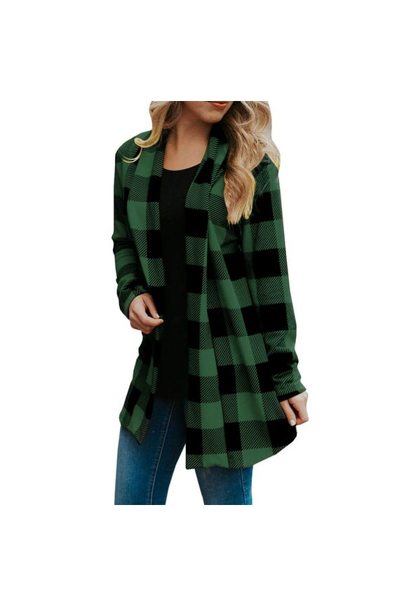 Women's Open Front Long Cardigan Plus Size Draped Snap Buffalo Plaid Shirt Lightweight Kimono Cardigan Fall Winter Knit Pullover Sweater Tops Outwear Green XXXXL