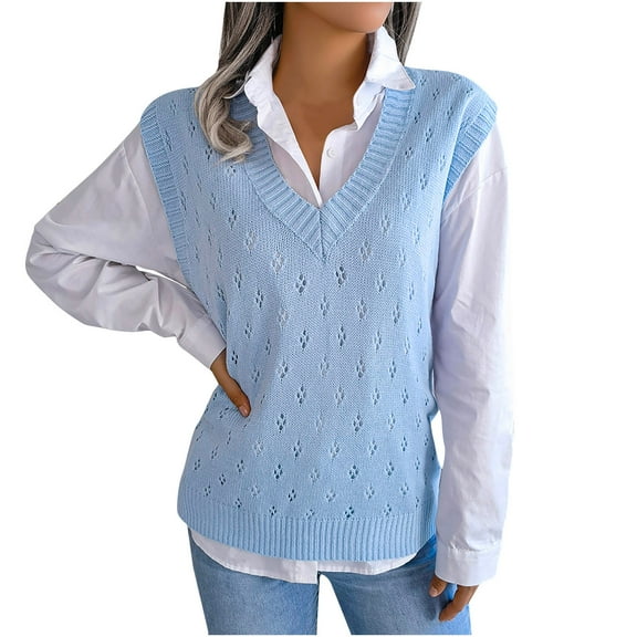 ZQGJB Women's Oversized V Neck Knitted Sweater Vest Casual Solid Color Hollow out Loose Lightweight Trendy Sleeveless Sweater Pullover Tops Light Blue L