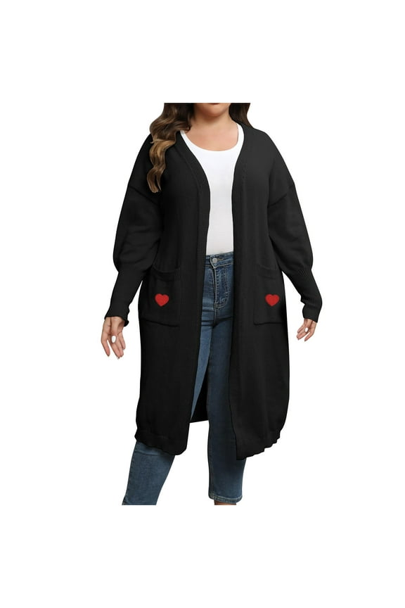 Women's Plus Size Fall Open Front Waffle Knit Cardigan Long Sleeve Trendy Oversized Cozy Knit Sweaters with Heart Patchwork Pockets Black XL