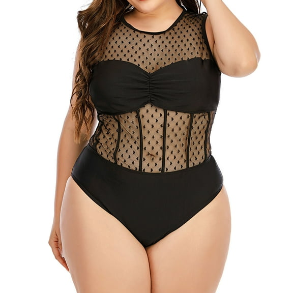 ZQGJB Women's Plus Size Solid Color Sexy Lace Dot Mesh See Through Hollow Stitching Bikini Beach Wear Tummy Control Swimwear Black,5XL