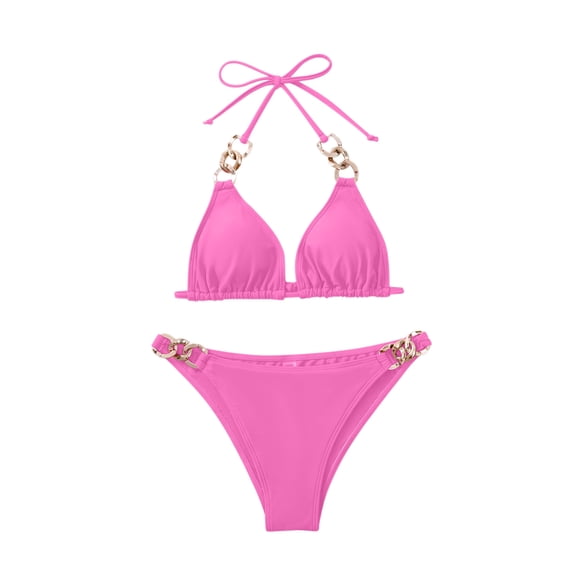 ZQGJB Women's Ring Halter Swimsuit 2 Piece Tie Back Bathing Suit Solid Color High Waist Athletic Swimwear Push Up Padded Bikini Set with Thongs Pink S