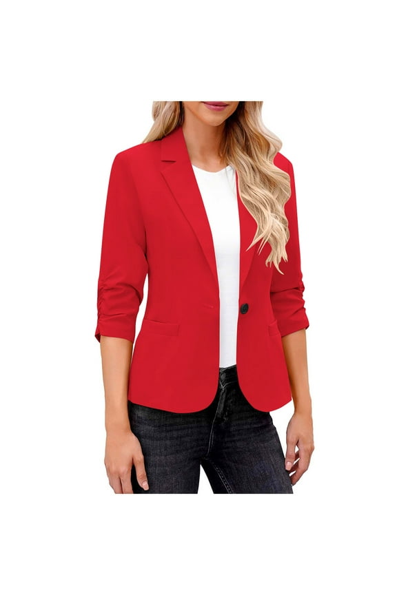 Women's Ruched 3/4 Sleeve Blazers, Lightweight Slim Fit Jackets with Padded Shoulder for Work Business Casual Red XXL