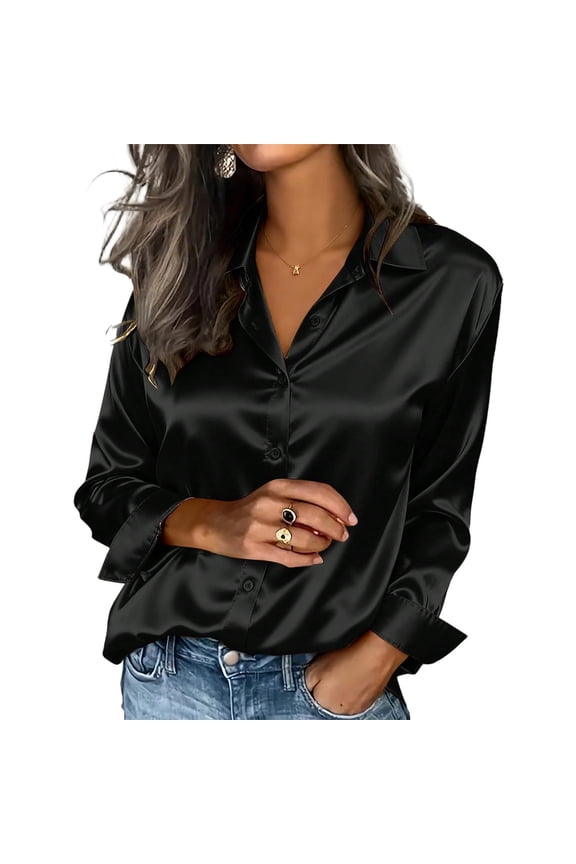 Women's Satin Silk Button Down Shirts Fashion Silky Long Sleeve Office Work Shirt Business Casual Solid Color Blouses Tops Black S