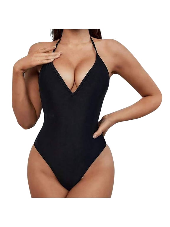Women's Sexy Deep V Neck One Piece Ribbed Thong Swimsuit High Cut Backless Bathing Suit Tummy Control Beach Swimwear(Black,L)