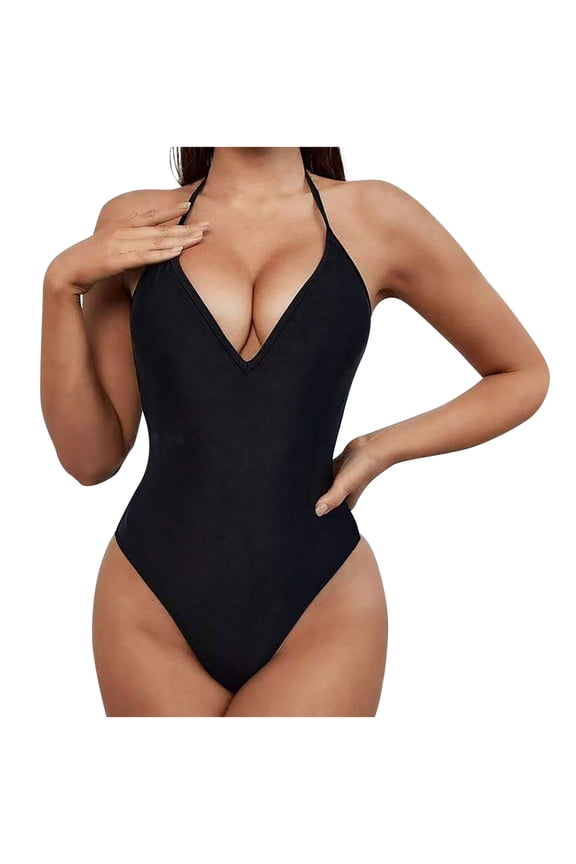 Women's Sexy Deep V Neck One Piece Ribbed Thong Swimsuit High Cut Backless Bathing Suit Tummy Control Beach Swimwear(Black,S)