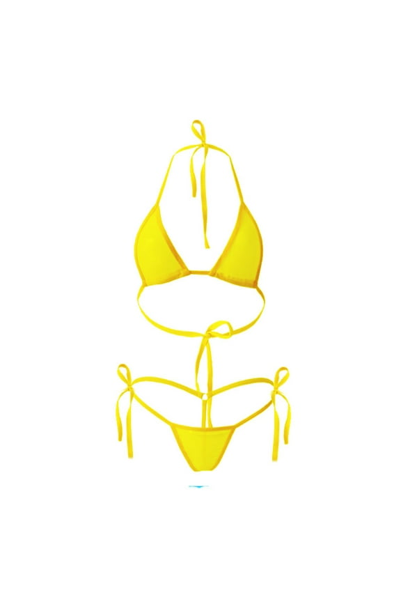Women’s Sheer Extreme Swimsuit Bikini Sexy Halterneck Top and Tie Sides Micro Bikini Thong Sets(A-Yellow,Free Size)