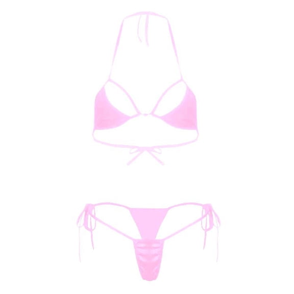 ZQGJB Women’s Sheer Extreme Swimsuit Bikini Sexy Halterneck Top and Tie Sides Micro Bikini Thong Sets(B-Pink,Free Size)