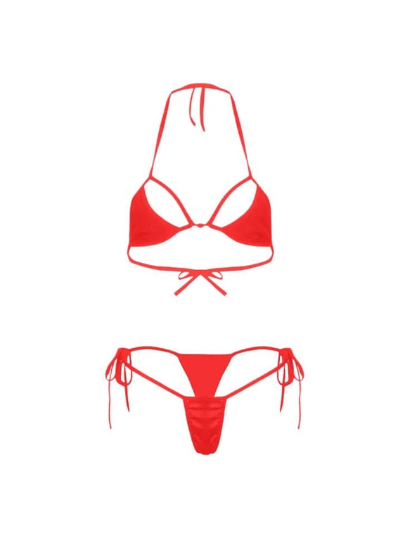 Women’s Sheer Extreme Swimsuit Bikini Sexy Halterneck Top and Tie Sides Micro Bikini Thong Sets(B-Red,Free Size)