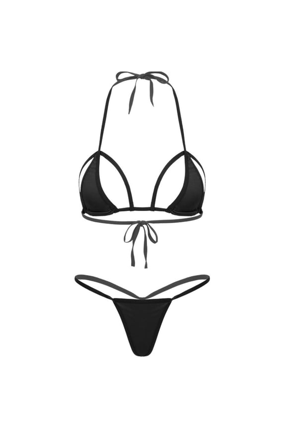 Women’s Sheer Extreme Swimsuit Bikini Sexy Halterneck Top and Tie Sides Micro Bikini Thong Sets(C-Black,Free Size)