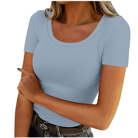 ZQGJB Women's Short Sleeve Scoop Neck Ribbed Knit Fitted Casual Tops Tee Trendy Solid Color Summer Slim Basic Workout T-Shirts Light Blue L