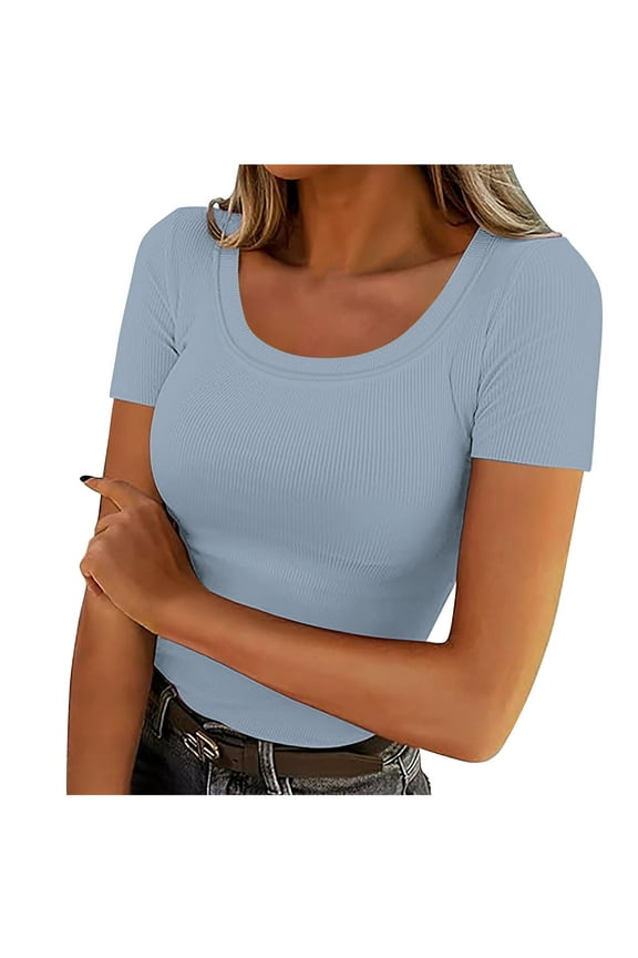 Women's Short Sleeve Scoop Neck Ribbed Knit Fitted Casual Tops Tee Trendy Solid Color Summer Slim Basic Workout T-Shirts Light Blue XXL