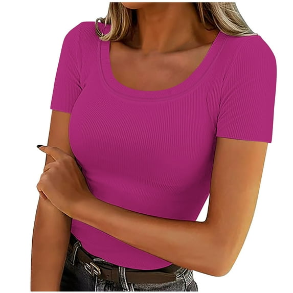 ZQGJB Women's Short Sleeve Scoop Neck Ribbed Knit Fitted Casual Tops Tee Trendy Solid Color Summer Slim Basic Workout T-Shirts Purple XL