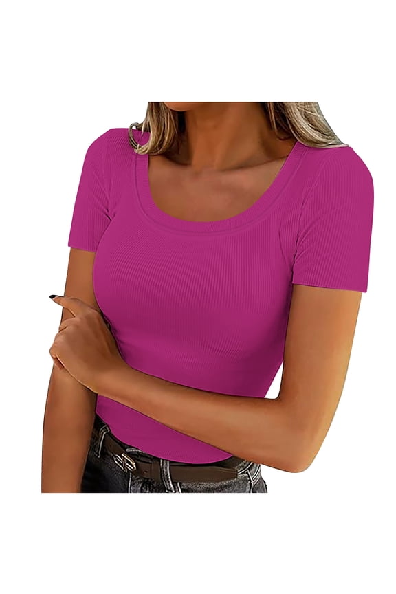 Women's Short Sleeve Scoop Neck Ribbed Knit Fitted Casual Tops Tee Trendy Solid Color Summer Slim Basic Workout T-Shirts Purple XL