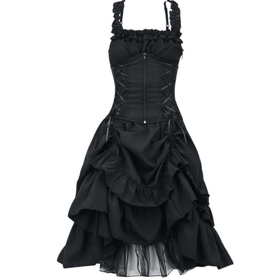 ZQGJB Women's Sleeveless Gothic Dress Plus Size Steampunk Strappy Layers Dress Zipper Corset Square Neck Ruffled Skirt Lace Long Dress Black M