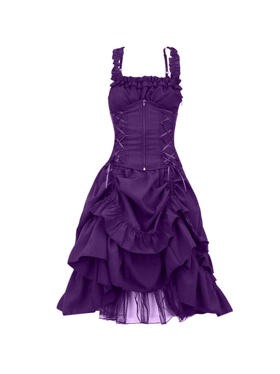 Women's Sleeveless Gothic Dress Plus Size Steampunk Strappy Layers Dress Zipper Corset Square Neck Ruffled Skirt Lace Long Dress Purple XXXXXL