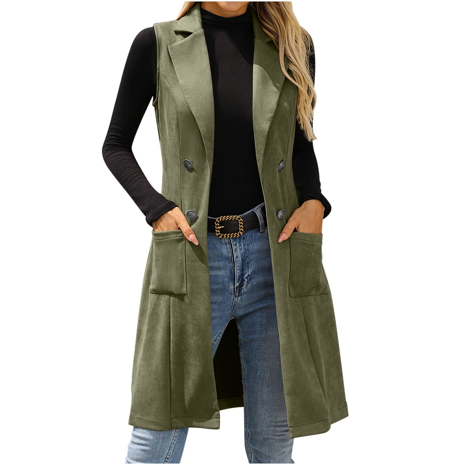 ZQGJB Women's Sleeveless Suede Long Vest Casual Lapel Open Front