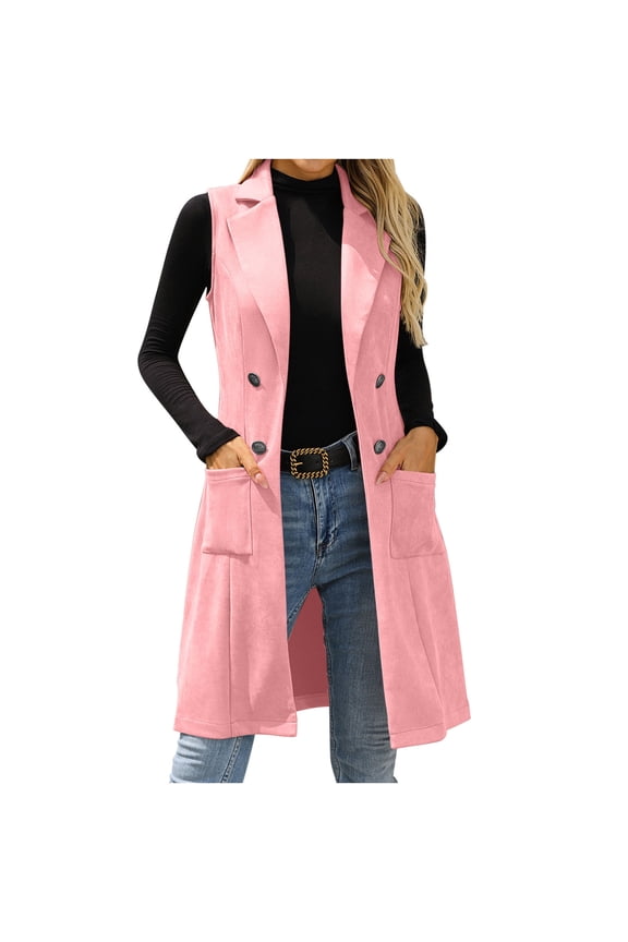 Women's Sleeveless Suede Long Vest Casual Lapel Open Front Duster Vest Fashion Double Breasted Button Work Vests with Pockets Pink L