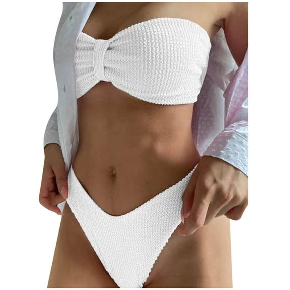 ZQGJB Women's Strapless Tie Front 2 Piece Swimsuits Sexy Thong Bandeau Bikini Set Tummy Control Beach Swimwear(White,L)