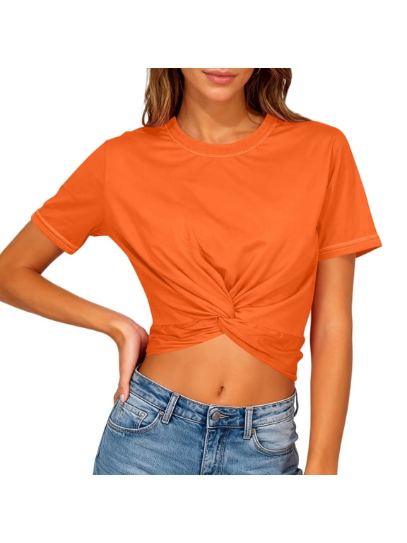 Women's Summer Causal Short Sleeve Blouse Cute Round Neck Basic Solid Color Crop Tops Front Twist Knot Workout Tee T-Shirt Orange XL