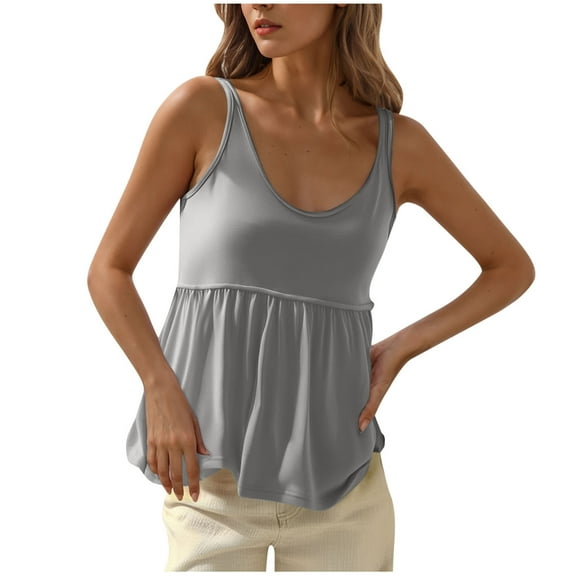 ZQGJB Women's Summer Flowy Tank Tops Loose Fit Sleeveless Strap Ruffle V Neck Shirts Babydoll Tunic Tank Peplum Tops Gray XXL