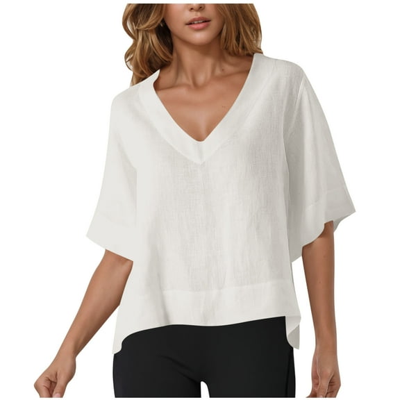 ZQGJB Women's Summer Linen Tops Loose Fit Casual Oversized Tshirts Lightweight Half Sleeve Dressy Solid Color V Neck Casual Tunic Blouse Tee White XXL