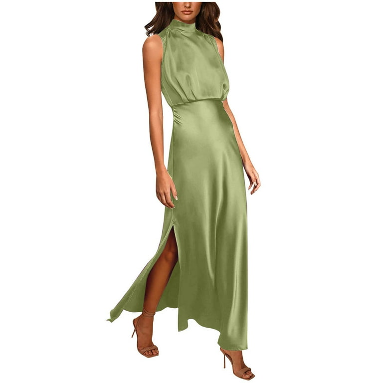 ZQGJB Women's Summer Long Formal Satin Dress for Wedding Guest Casual Solid  Color Mock Neck Sleeveless Side Slit Flowy Maxi Tank Dresses Green M