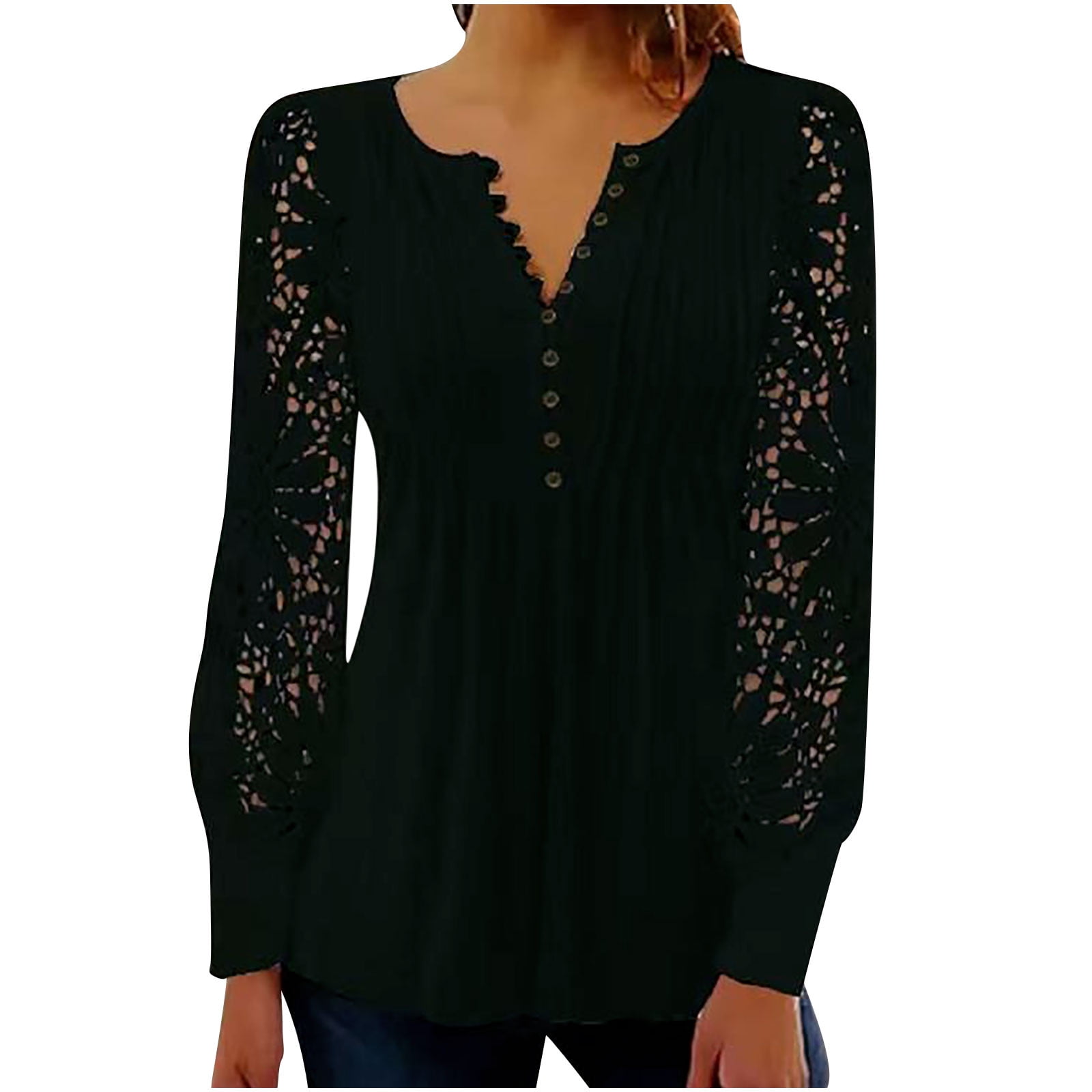 Xiaojie Women's V Neck Henley Shirt - Ribbed Crochet Lace Long Sleeve Blouse, Slim Fit Tunic Top
