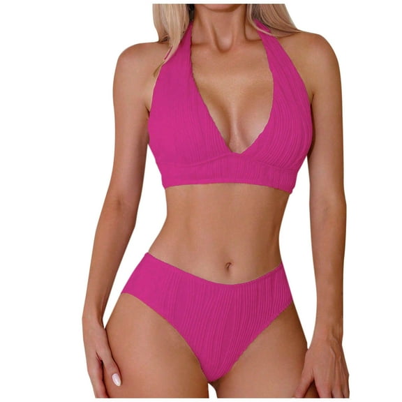 ZQGJB Women's Textured Bikini Sets Two Piece Bathing Suit Deep V Neck Ribbed Crisscross Wide Straps Tummy Control Mid Rise Cheeky Bottom(Pink,S)