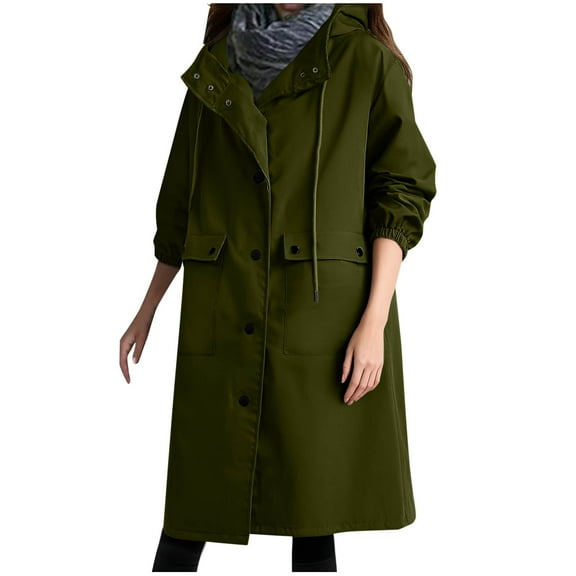 ZQGJB Women's Trench Jackets Loose Fall Winter Drawstring Long Sleeve Hooded Oversized Elegant Windbreaker Comfortable Jacket Plus Size Coat Outwear Tops with Pockets Army Green XXL