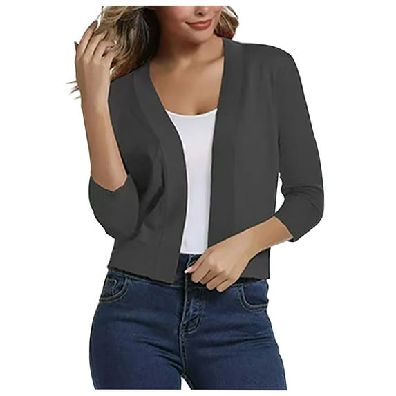 ZQGJB Women's Trendy Bolero Shrug Cropped Cardigan 3/4 Sleeve Solid Color Loose Open Front Short Cardigans Fall Pullover Sweater Tops Dark Gray XL