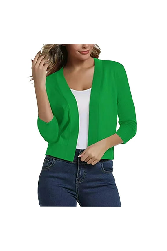 Women's Trendy Bolero Shrug Cropped Cardigan 3/4 Sleeve Solid Color Loose Open Front Short Cardigans Fall Pullover Sweater Tops Green S