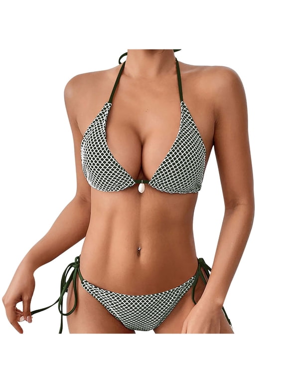 Women's Triangle Bikini Multiway Fishnet Tie Side Bandeau Halter String Bikini Set Sexy Two Piece Swimsuit Bathing Suits(Green,M)