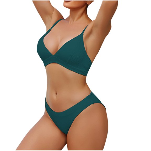 ZQGJB Women's Triangle Bikini Set Textured Frilled Smocked Ruched V Neck Push Up Swimsuit Two Piece Bathing Suit(Army Green,L)