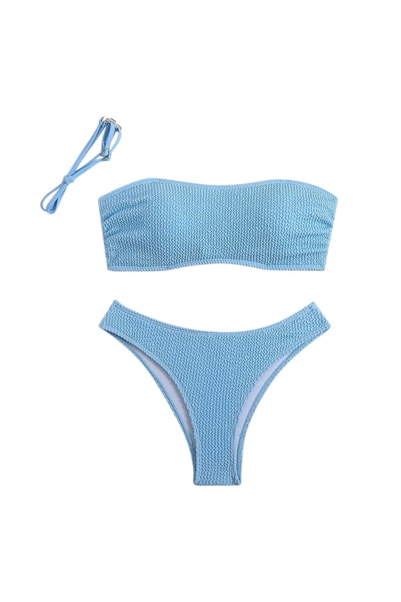 Women's Two Piece Bandeau Swimsuit Ribbed Solid Color Strapless Tube Bikini Top with Mid Waist Cheeky Bottom Bathing Suit(Light Blue,L)