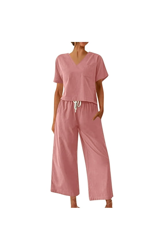 Women's Two Piece Cotton Linen Lounge Set Solid Color Short Sleeve Top Drawstring Wide Leg Pants Pajamas Loungewear Outfits with Pockets Plus Size Tracksuit Pink S