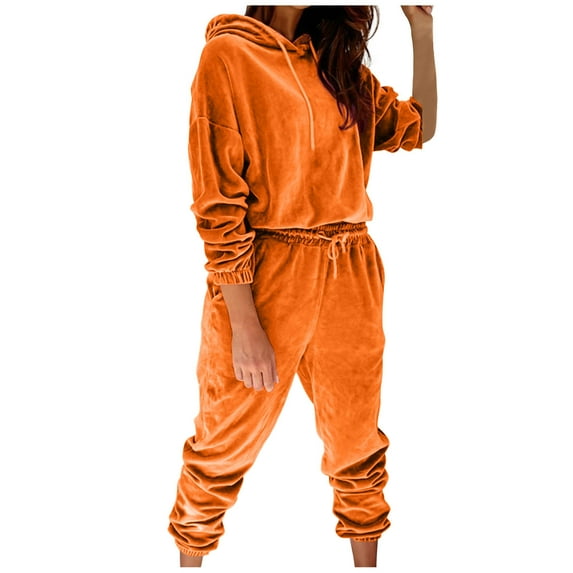 ZQGJB Women's Velour Tracksuits Set Trendy Solid Color Long Sleeve Casual Drawstring Hooded Pullover Sweatshirts and Sweatpants 2 Piece Joggers Sports Outfits Yellow XL