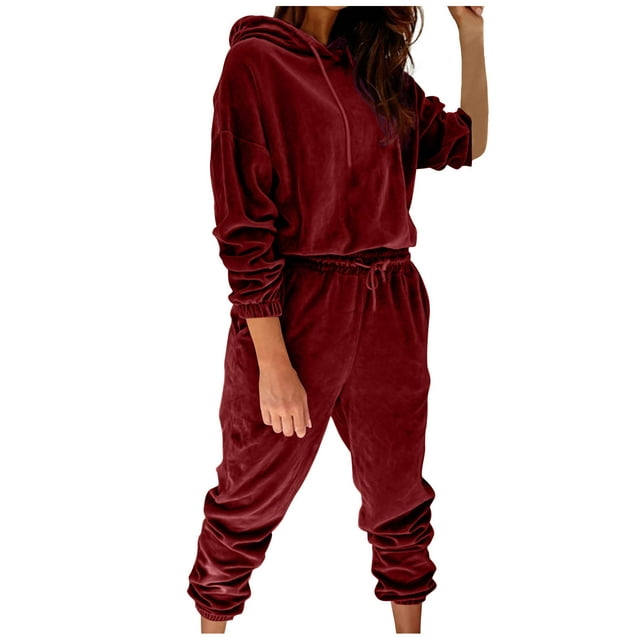 ZQGJB Women's Velour Tracksuits Set Trendy Solid Color Long Sleeve ...