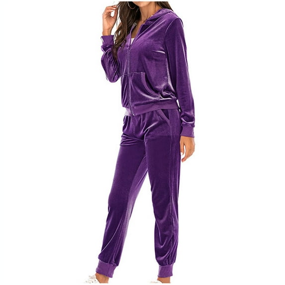 ZQGJB Women's Velvet Hoodie Tracksuit Two Piece Lounge Outfits Set Casual Solid Color Long Sleeve Full Zip up Hooded Jackets and Long Jogging Sweatpants with Pockets Purple XXL