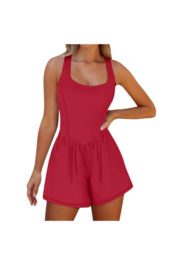 Women's Workout Romper Running Onesie Short Athletic One Piece Jumpsuits Casual Solid Color Summer Outfits Gym Yoga Clothes Red M