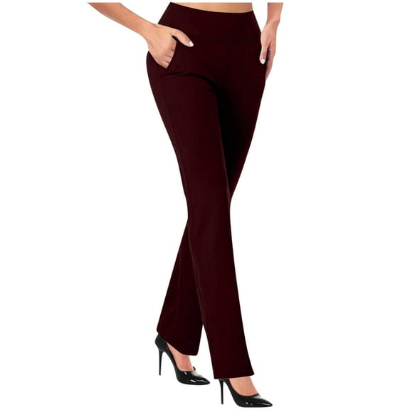 ZQGJB Women's Yoga Dress Pants Bootcut Stretchy Work Pants Business Office Casual Solid Color High Waist Straight Leg Slacks Trousers with 3 Pockets #04-Wine XL